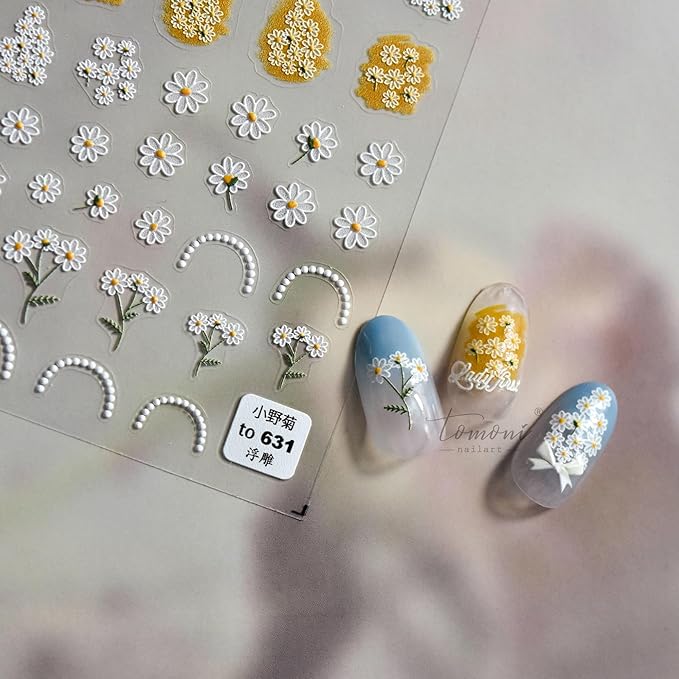 3 Pcs Flower Nail Stickers, Flower Nail Decal Art, Daisy Nails Sticker, Lily of The Valley Sticker, Spring Manicure, Embossed Nails Stickers