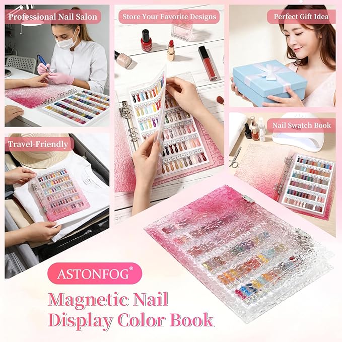 Magnetic Nail Swatch Book, 144 Nail Color Display Book Organizer with 144 Magnetic Tips & 1-189 Number Labels, Professional Salon Nails Color Chart for Nail Polish Nails Art Design(Pink)