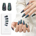 Cat Eyes Press On Nails,12 Sizes - 24 Pcs Soft Gel Dark Green Medium Coffin Fake Nails Kit with Nail Glue, Natural Reusable Stick On False Nails for Women and Girls (Skycloud Dark Green Nails) SK0821