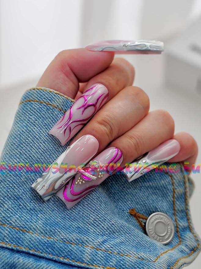 10PCS Pink Marble Press On Nails – Long Coffin Fake Nails with Abstract Swirl Design and Rhinestones, Glossy Reusable Y2K Nails for Women and Girls – Euphrosyne