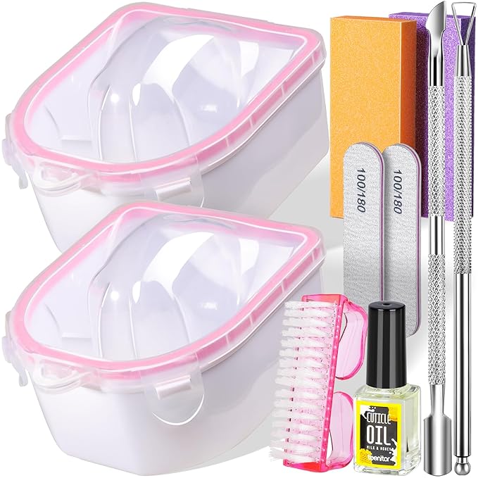 Teenitor 10Pcs Nail Soaking Bowl Kit 2 Soak Off Bowl Nail Soaking Bowl Acetone Proof Soak Off Gel Polish Remover Bowl, Manicure Bowl Cuticle Peeler Scraper Cuticle Oil Nail File and Buffer Nail Brush