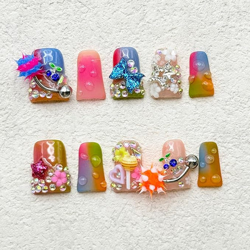 10 Pcs Handmade Duck Press on Nails with Glue,Colorful Fake Nails with 3D Diamond Pink Pentagram Blue Bow Tie Design Acrylic Press on Nail Reusable Thick Handmade False Nails for Women DIY (Size M)