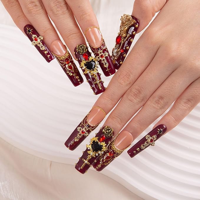 LOVFUL Press on Nails Gothic Romance| Handmade with Full Covered Crystals| Reusable Fake Nails| Square Mid length 1.7in| H333-L