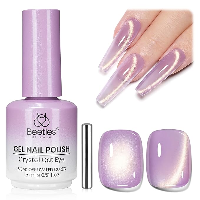 Beetles Twilight Dream Purple Cat Eye Gel Nail Polish - 15ML Glitter Purple Cat Eye Spring Gel Polish Magnetic Shimmer Effect Soak Off UV Nail Art Design Salon DIY Manicure Gift for Women