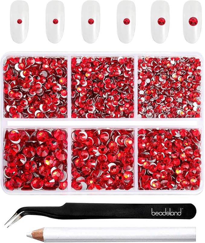 Beadsland 4300pcs Flatback Rhinestones,Light Red Rhinestone Nail Gems Round Crystal Rhinestones for Crafts,Mixed 6 Sizes with Picking Tweezers and Wax Pencil Kit, SS6-SS20,Light Siam