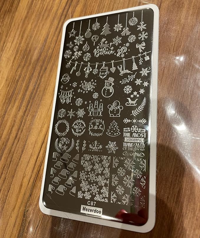5Pcs Snowflake Nail Stamping Plates - Christmas Theme Santa Reindeer Tree Bell Snowman Winter Image Nail Art Design Stamp Kit Manicure Template Mold New Year Stencils Painting Tool