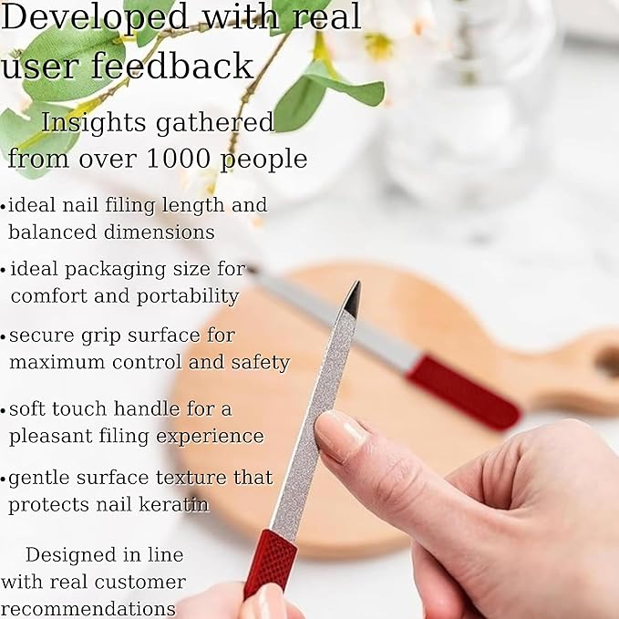 Professional Ruby Red Sapphire Nail File – Fine & Coarse, 5" Stainless Steel, Double-Sided Metal File, Ergonomic Non-Slip Handle, for Natural, Gel, Acrylic Nails, Manicure & Pedicure Tool