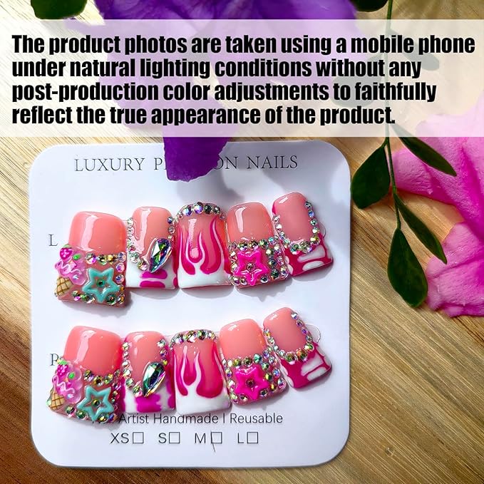 Handmade Press on Nails short Square Shape M Size/Gleamrain Luxury Duck Hand Made Cute Acrylic Glue on Nails With Rhinestones and Flower Design Duck Nail for Women and Girls 10 Pcs