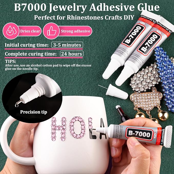 Resin Rhinestones for Crafting with B7000 Jewelry Glue, 2 Boxes Light Pink Flatback Crystals with 3Pcs 10ml Glue for Bedazzling Crafts DIY Nail Art Makeup, Gems for Clothing Shoes