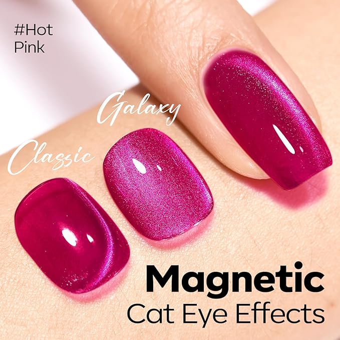 modelones Hot Pink Cat Eye Gel Nail Polish Pink Glitter Holographic Pink Cat Eye Neon Shimmer Reflective Translucent U v Gel Magnetic Nail Polish 15ML