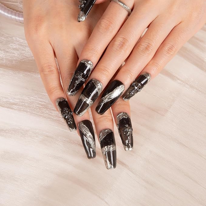 LOVFUL Press on Nails THE EDGE | Handmade with Full Covered Crystals | Reusable Full Cover Nails | Coffin Classic Regular 1.3 in | H283-S