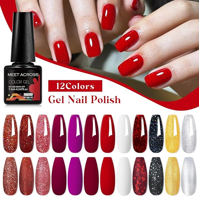 MEET ACROSS 12pcs Gel Nail Polish Set,Soak Off UV LED Lamp Gel Nail Polish Kit,Fashion Shimmer Nail Art Design Gifts for Women Manicure Salon (Red-1)
