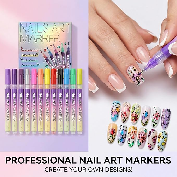 12 Colors Art Markers Set with Nail Stickers, 0.5mm Nail Polish Pens, Professional Waterproof, Quick-Drying 3D Drawing Dotting Liner Brush, Essential Manicure Tools Kit for Nail Art Beginners