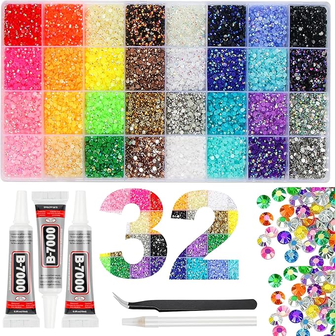 18000Pcs 32 Colors Resin Jelly Rhinestones for Bedazzling, 4mm Multicolor Flatback Gems for Crafting, Bedazzler Kit with 3Pcs 10ml B7000 Glue for Clothes Book Shoes Nails Art Makeup