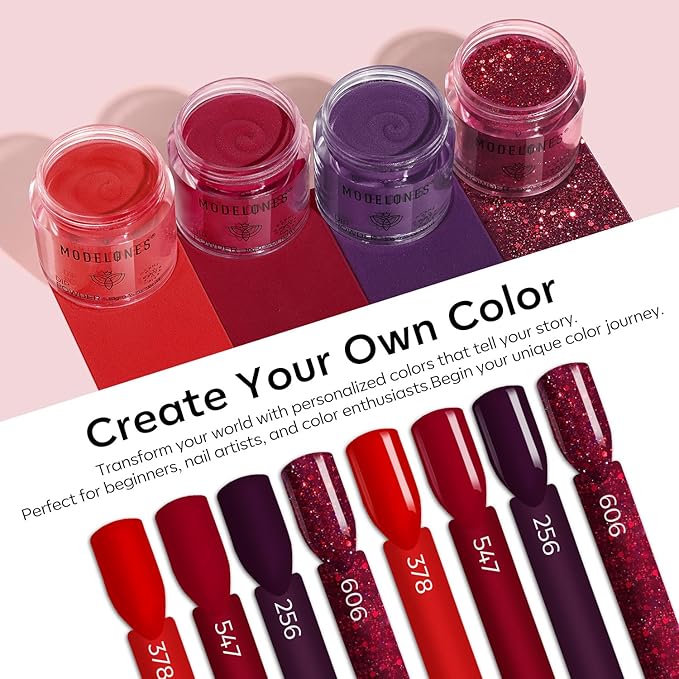 Modelones Dip Powder Nail Kit, 4 Colors Red Purple Glitter Dipping Starter Set with Liquid and Accessories for French Nails Art Salon DIY at Home Manicure