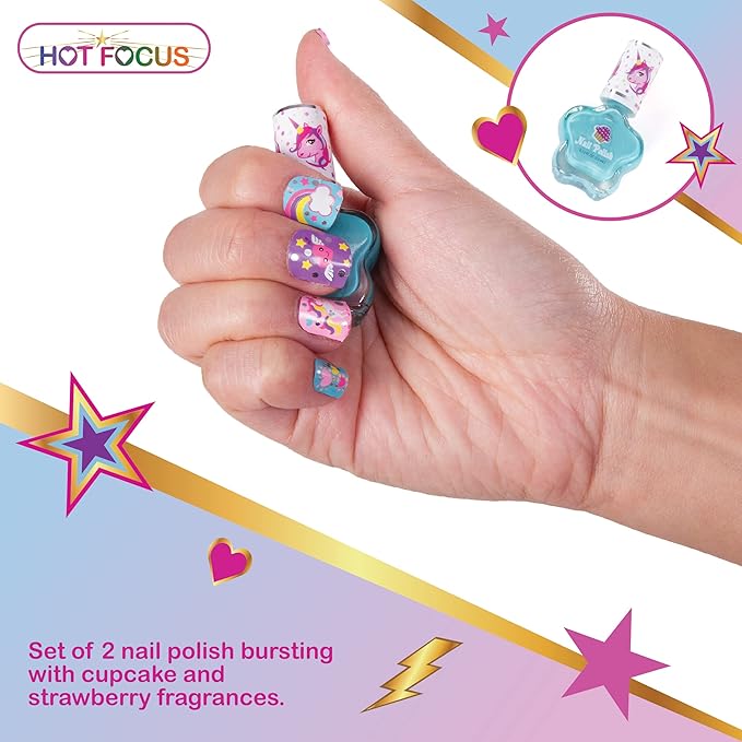 Hot Focus Scented Nail Boutique – 168 Piece Unicorn Nail Art Kit Includes Press on Nails, Nail Patches, Nail Stickers, Nail Polishes, Nail File and Ring – Non-Toxic Water Based Peel Off Nail Polish