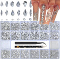 HNUIX White Nail Rhinestones - 3D Multiple Shape Size Gems, Manicure Beads, Pearls, Flatback Crystals Rhinestones, with Kit, for Nail Art Decor