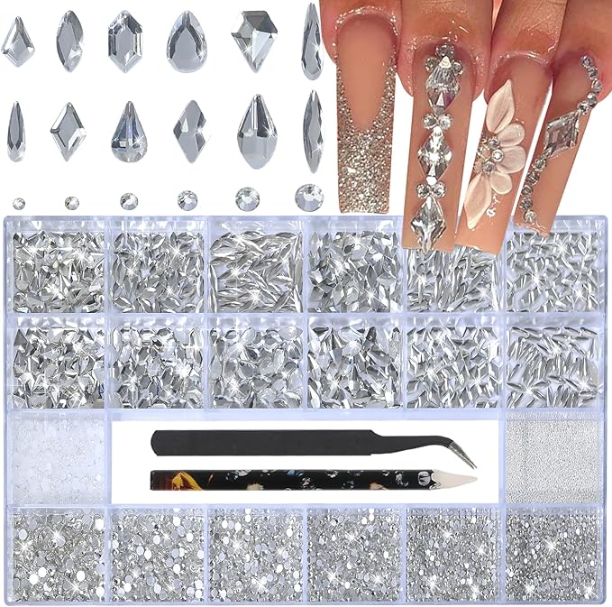 HNUIX White Nail Rhinestones - 3D Multiple Shape Size Gems, Manicure Beads, Pearls, Flatback Crystals Rhinestones, with Kit, for Nail Art Decor