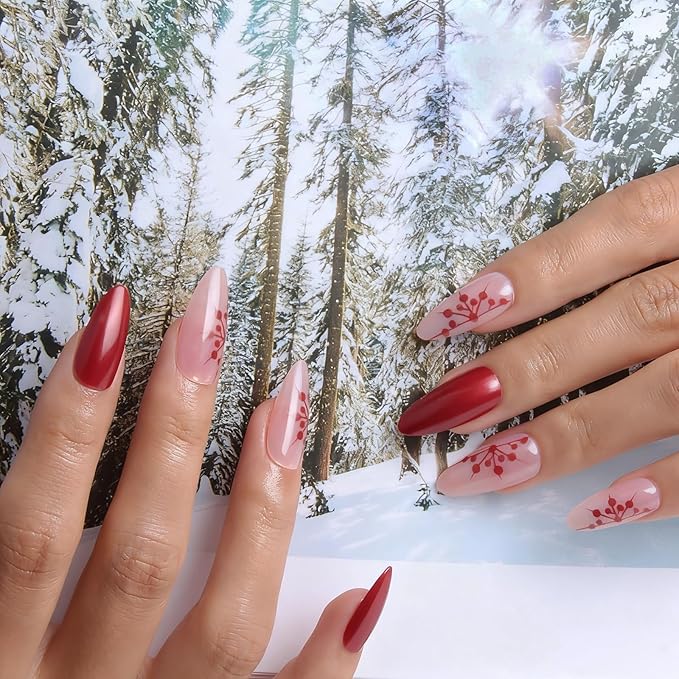 24pcs Pearlescent Red Medium Almond Press On Nails with Snowflakes for Themed Costumes, Reusable Nail Kit with Nail Adhesive Tabs Mini Nail File, 12 Sizes (Pearlescent Red)
