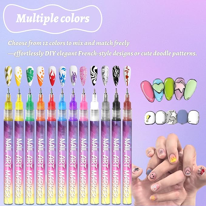 12 Colors Nail Art Pens ,0.5mm Nail Art Markers,nail art pens for painting nails,Nail Point Graffiti Dotting Pen ,Acrylic Nail Art Pen Quick-Drying,Home & Salon DIY Nail Art Tools