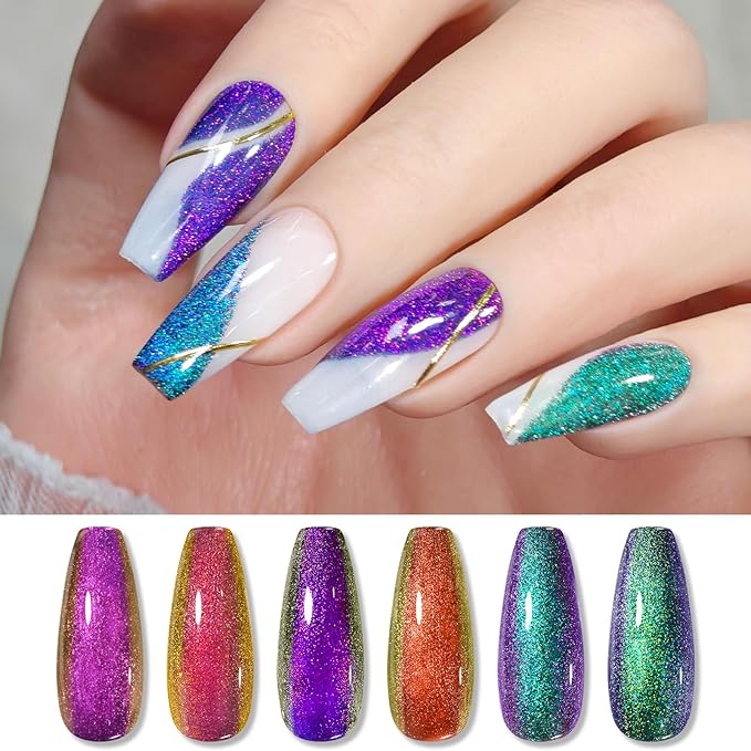 Born Pretty Chameleon Gel Nail Polish, 6 Pcs Aurora Shimmer Glitter Gel Polish Long Lasting Sparkly Shiny Nail Polish U V Set for Manicure and Nail Art, DIY at Home, Salon-Quality 7ml