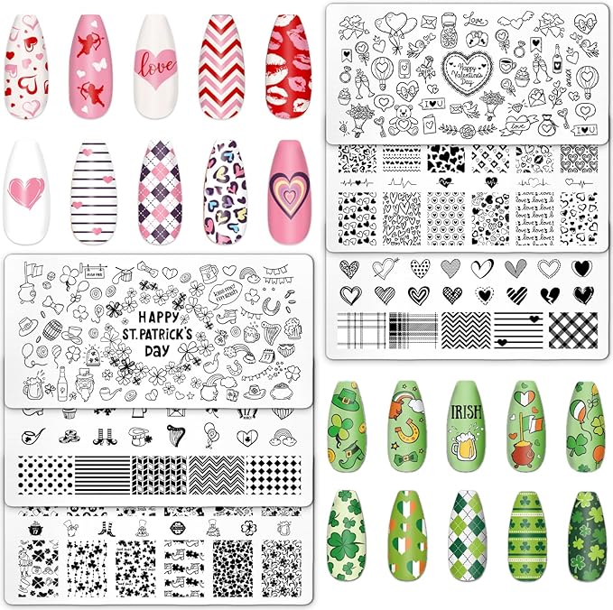 Whaline 6 Pcs St. Patrick's Day Valentine Nail Art Stamping Plates Kit Love Heart Spring Shamrock Image Stamp Templates Nail Art Plates Set for DIY Print Manicure Salon Design
