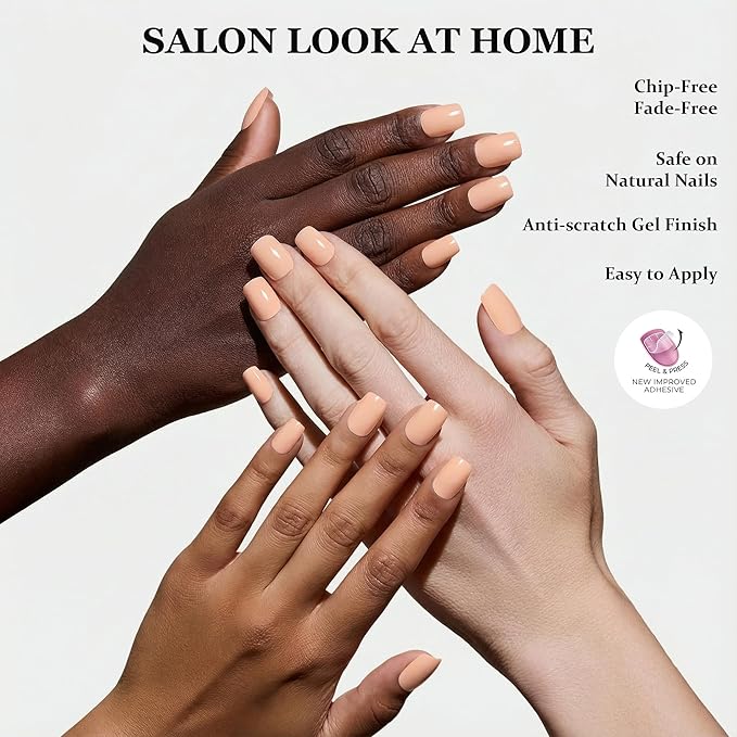 Acrylic Press On Nails Square Short - Nude Peach No Glue Soft Gel Nail Tips for Girls, Flexible Fit Feels Natural for Everyday, Damage & Chip-Free, 24 Nails in 12 Sizes with File