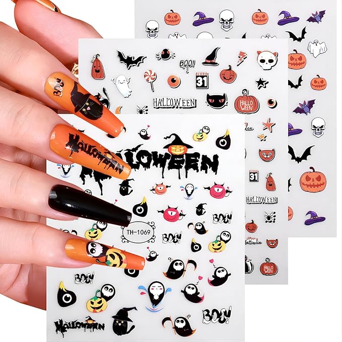12 Sheets Halloween Nail Art Stickers Decals Glow in The Dark, Cute Spider Web Pumpkin Ghost Skull Bat 3D Design Self-Adhesive Nail Art Decals, DIY Manicure Decoration Supplies for Women Kids