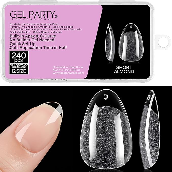 GELPARTY Soft Gel Nail Tips Short Almond - 240Pcs Pre-Buffed Matte Full Cover Tips - Natural Look, No Filing Needed, Soak Off Gel Extension System - Clear False Nails (12 Sizes)