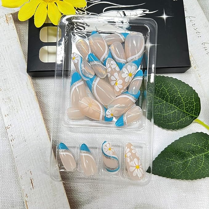 White Daisy Press on Nails Medium Almond Fake Nails with Glitter Blue Stripe Designs Blue French Tip False Nail Spring Summer Flowers Stick on Nail for Women 24Pcs