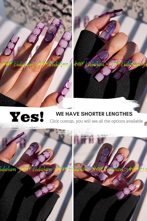 HAND-PAINTED White Press Ons Neon Small Press on Nails Long French Press on Nails Coffin Medium Short Nail art Fake Nail Art Kit with 7g Glue on Nails Handmade Almond Square Nails (TJ-7, Medium)