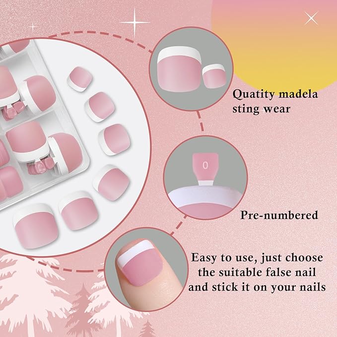 300pc French Tips Press on Toenails Women Fake Toes Nail Tips, Pink Glue on Toe Nails Press ons Fake Toenail Soft Gel False Toe Nail Feet Artificial Toe Fake Nail Tip for Acrylic Toenail Extension