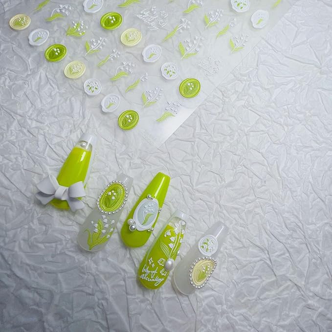 3 Pcs Flower Nail Stickers, Flower Nail Decal Art, Daisy Nails Sticker, Lily of The Valley Sticker, Spring Manicure, Embossed Nails Stickers