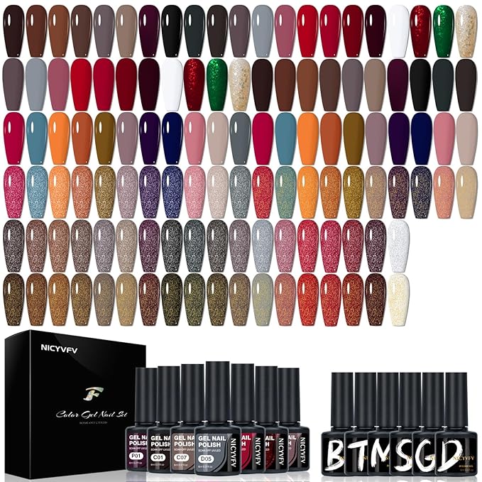 38 PCS Gel Nail Set, 32 Colors Dark Red Brown Grey Earthy Shades Gel Polish Set, with Gold Silver Glitter and Glossy Matte Top Coat, Base Coat Builder gel, for Women Gift Kit