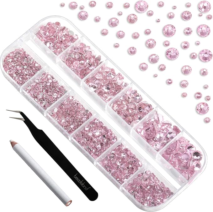 Beadsland Rhinestones for Makeup,8 Sizes 2500pcs Pink Flatback Rhinestones Face Gems for Nails Crafts with Tweezers and Wax Pencil,Light Pink,SS4-SS30