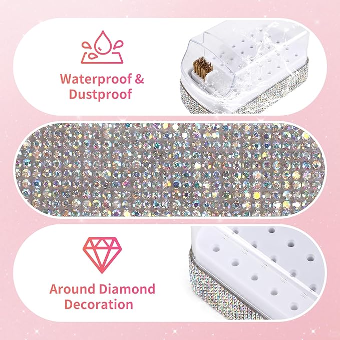 2 in 1 Nail Drill Bits Holder & Cleaning Brush Case,30 Holes Dustproof Nail Art Drill Bits Stand Display Storage Box and Nail Drill Bits Cleaner Manicure Tools Shiny (Multicolor)