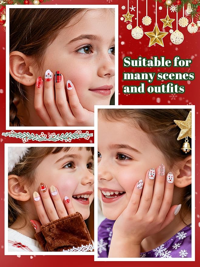EBANKU Christmas Kid Press on Nails, 72Pcs Xmas Almond Fake Nails Kit Full Cover Christmas Theme Design False Nail with Nail Glue for Girl