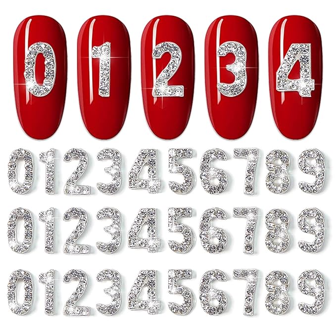 WOKOTO 30pcs Silver Number Nail Charms And Rhinestones (0-9) 3d Number Rhinestones For Nails Luxury Alloy Arabic Numerals Nail Number Charms For Nails Nail Jewelry Gemstones For Nail Art Gems