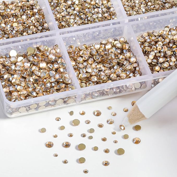 Beadsland 7200pcs Flatback Rhinestones,Gold Rhinestone Nail Gems Round Crystal Rhinestones for Crafts,Mixed 6 Sizes with Wax Pencil Kit, SS3-SS10,Golden Shadow
