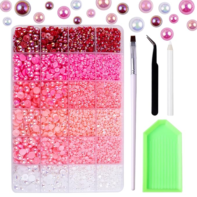 9960 Pink AB Pearls Rhinestones, Assorted Size 3/4/6/8mm Flatback Half Pearls for Crafts, Tumblers, Shoes, Nails, Face Art