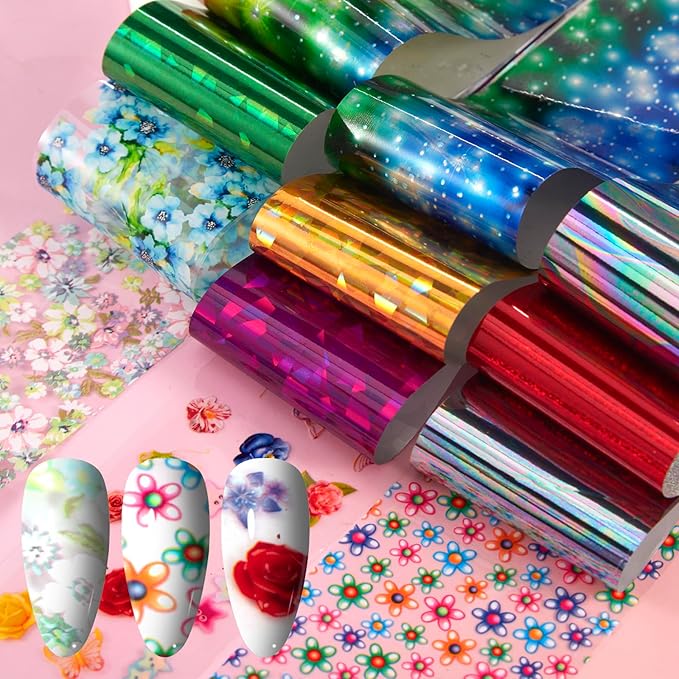 300 Sheets Nail Foils Transfer Nail Art Foil Stickers Laser Flower Iridescent Gradient Nail Sheets Leopard Print Marbling Transfer Sticker for Nails Decoration