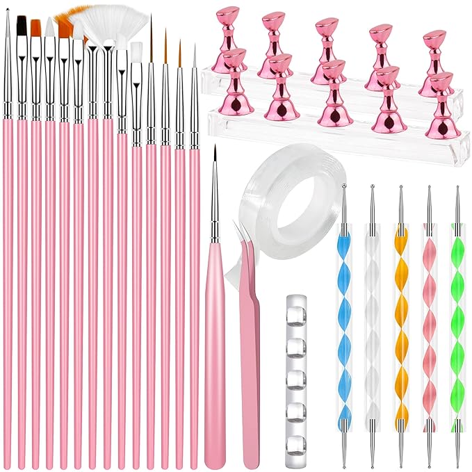 Nail Art Tools Set, 15 PCS Nail Art Brushes, Nail Stand for Press Ons, 5PCS Nail Dotting Tool and Brush Rack with Double Sided Tape Tweezers for Home Salon DIY Beginner Supplies