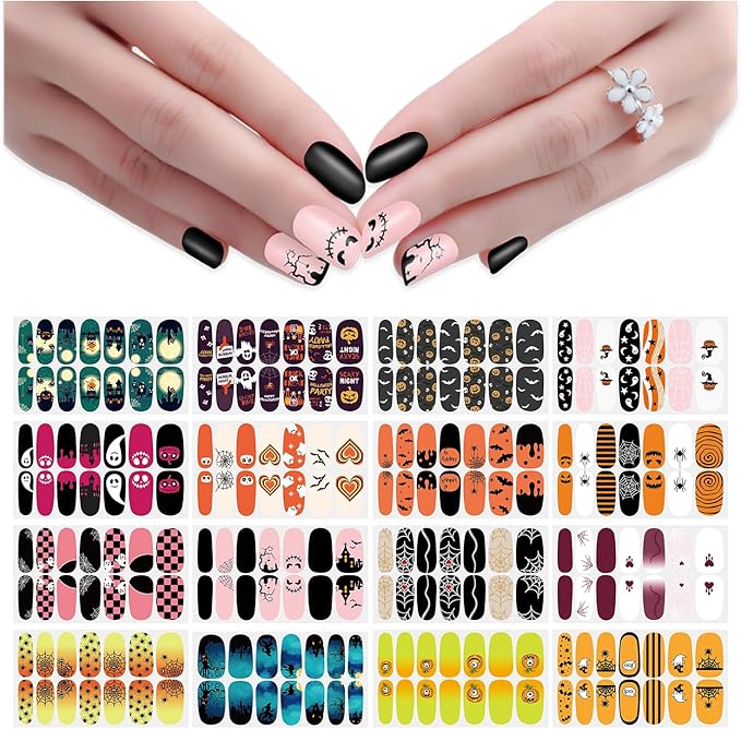 JERCLITY 224 Pieces 16 Sheets Halloween Nail Wraps for Short Nails Halloween Nail Polish Strips Cobwebs Ghosts Spider Haunted House Jack-o'-Lantern Nail Stickers for Women