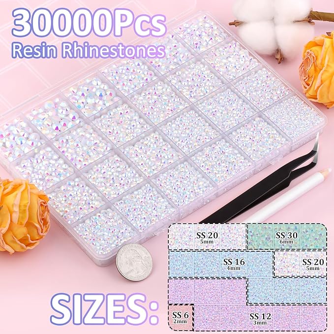 30000Pcs White AB Rhinestones for Bedazzling with B7000 Jewelry Glue, Bedazzler Kit Bulk Flatback Gems, Resin Rhinestones for Crafting Crafts Clothing Shoes Fabric Nail Art Assorted Size 2/3/4/5/6mm