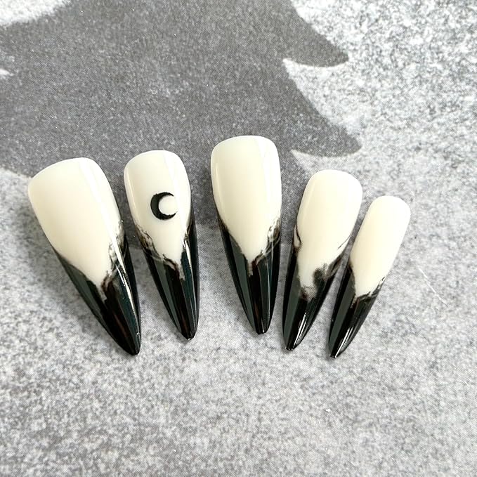 Halloween Nails - Gothic French Reusable Stiletto Press On Nails with Design, Glossy Acrylic Finish - Dark Witch Color, Full Coverage for Women and Girls