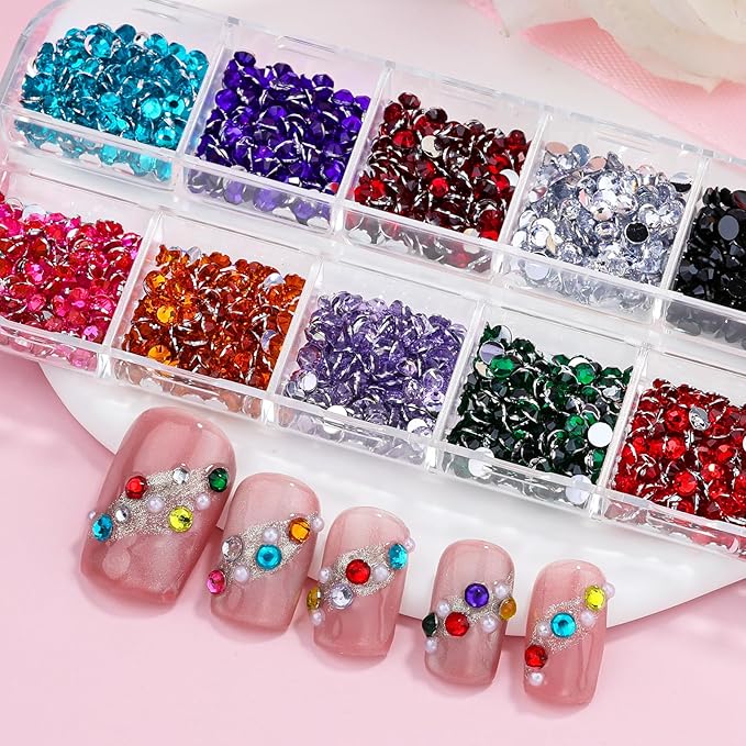 1800Pcs Small Resin Rhinestones for Nail Art, Colorful 3mm Bedazzling Flatback Crystals Nail Gems Nail Rhinestones with Pickup Tools for Manicure Decor Crafts DIY (7-K1-3mm-soild-color)