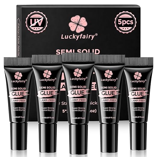 5pcs Super Strong Nail Glue for Press On Nails, Fast-Drying No Lamp Needed, Semi Solid Soft Glue Gel for Acrylic Fake Nails Tips, Mess-Free Precision Mini Tubes 2ml*5, Long Lasting