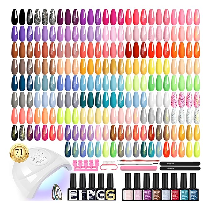 PHOENIXY 71 Pcs Gel Nail Polish Kit with U V Light, 60 Pcs Gel Nail Kit for Beginners with Everything 5 Pcs Base Top Coat Manicure Starter Nail Polish Set Valentine Gifts for Women