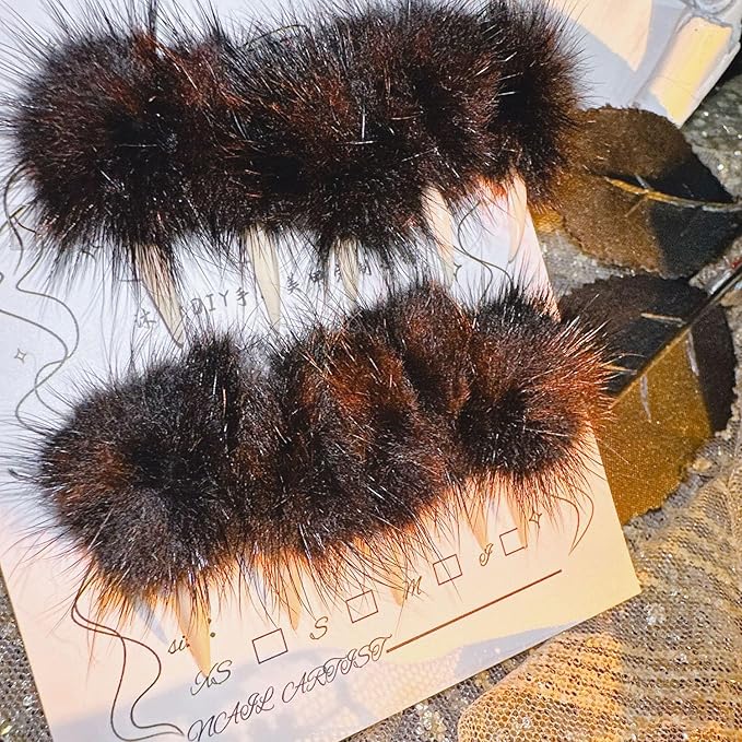 Halloween Press on Nails Luxury Medium Stiletto Handmade Eagle Claw Unique Reusable ABS Material Curved Fake Nails Dragon Cat Claw False Nails with Black Fur Glossy Glue on Nail Thick Acrylic Nail(S)