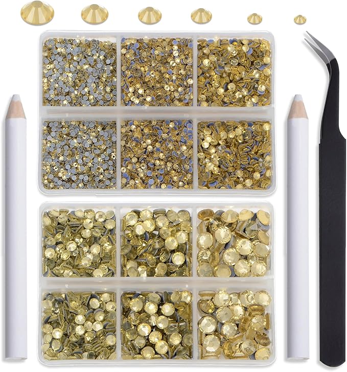 NCB Hotfix Iron on 8000pcs Crystal Rhinestones Round Gem for Crafts Decoration DIY Jewelry Making with a Tweezers and 2 Picking pens (Light Yellow, 6Sizes SS4-SS30)